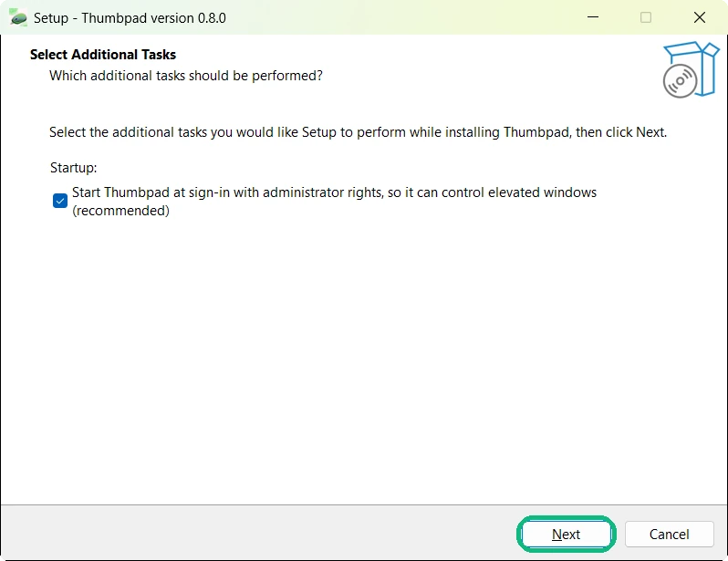 Setup options page with Next highlighted