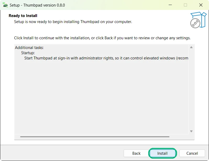 Ready to Install page with Install highlighted