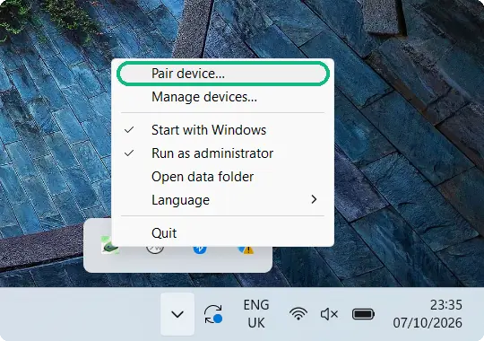 Thumbpad menu with Pair device… highlighted