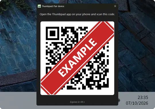 Thumbpad pairing window showing a QR code
